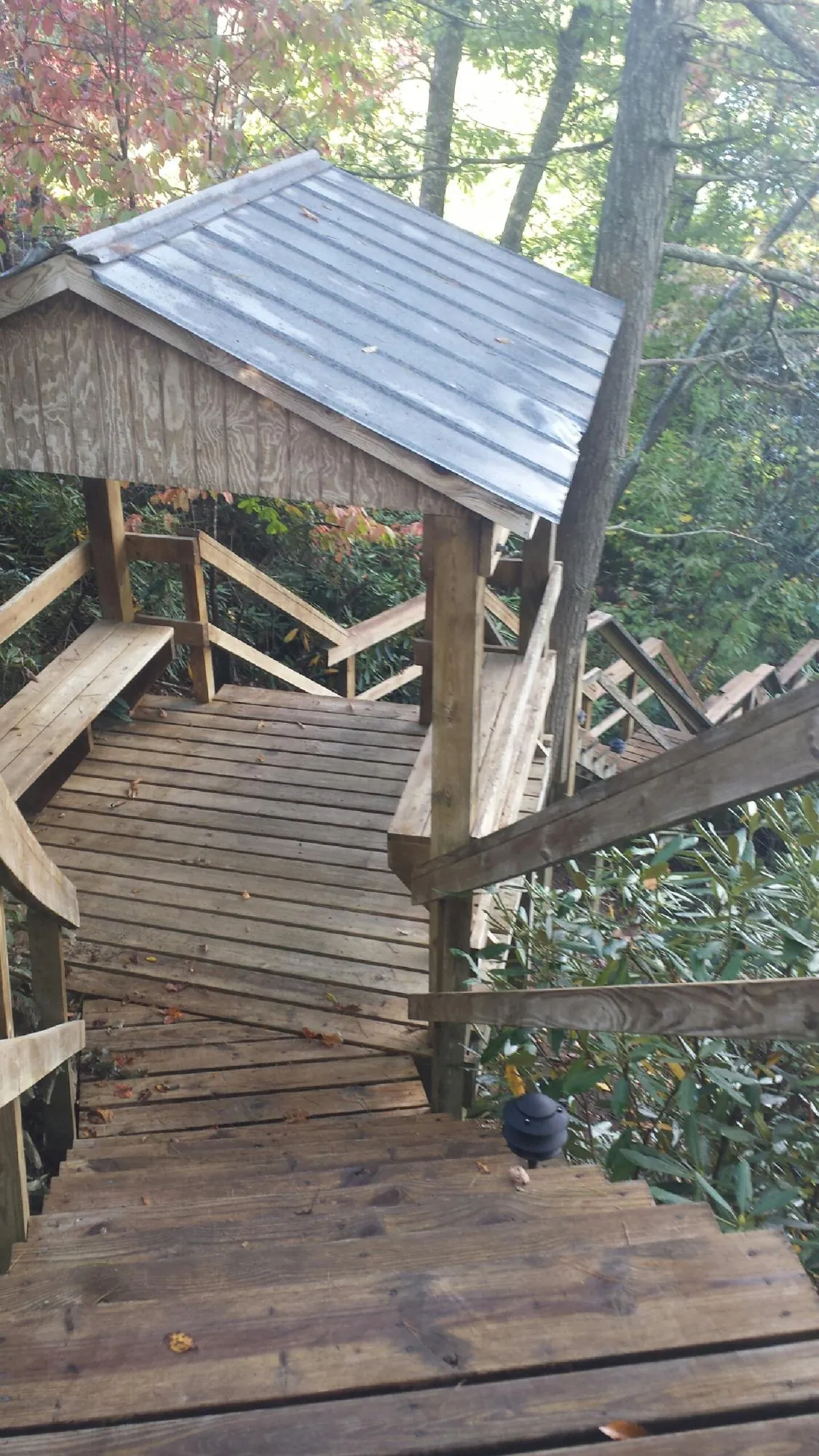 Metal roofed shelter over wooden steps on a wooded walkway — Skylight Repair & Installation work by our crew in Barbourville